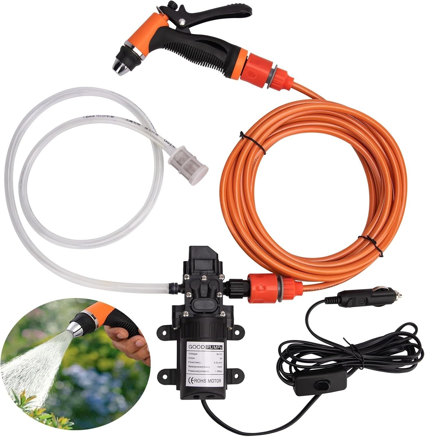 12V High Pressure Car Electric Washer Kit 130PSI Portable Self-Priming Wash Pump