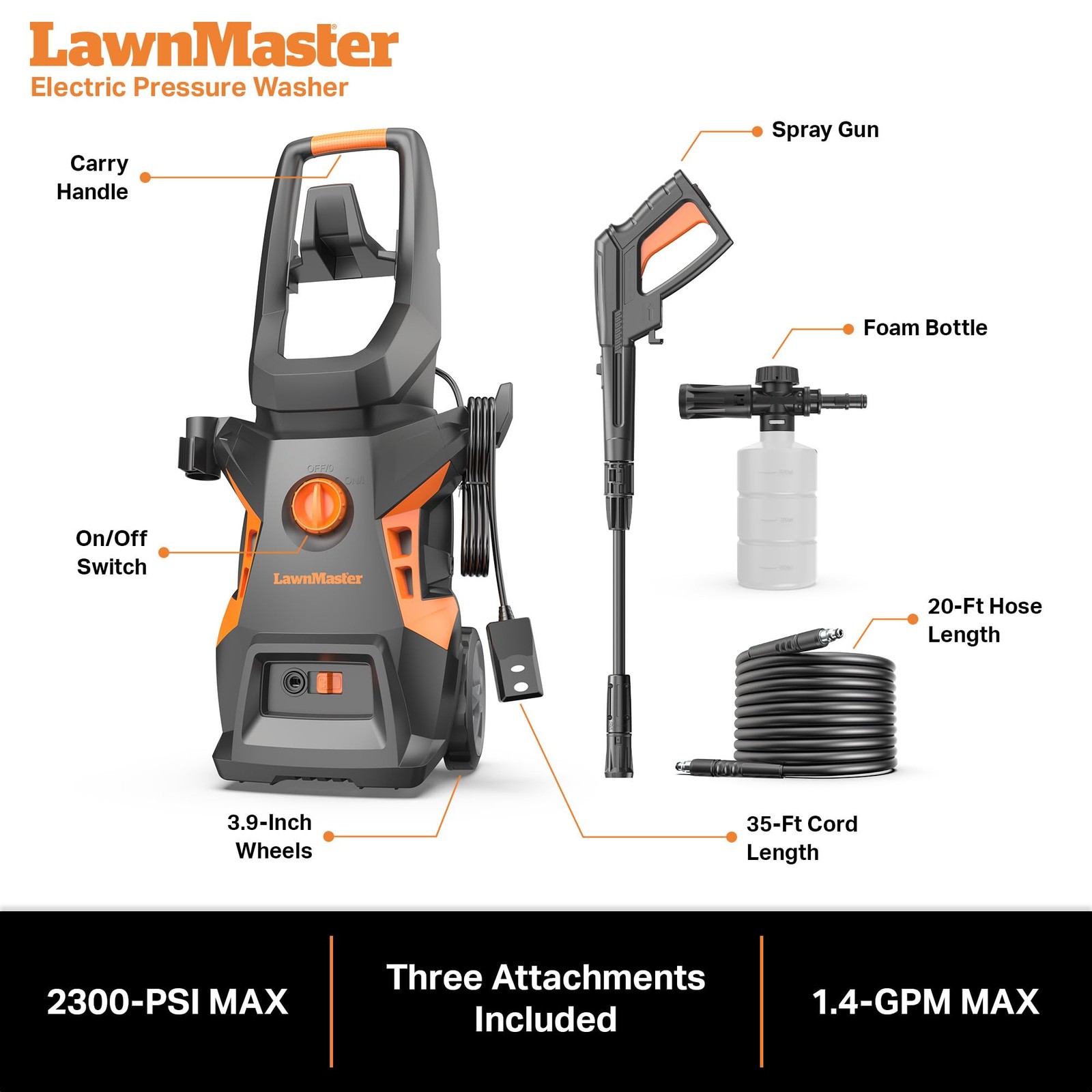 Lawnmaster Lt506-2000A Electric Pressure Washer 13 Amp 1.4 Gpm 2300 Max Psi Csa