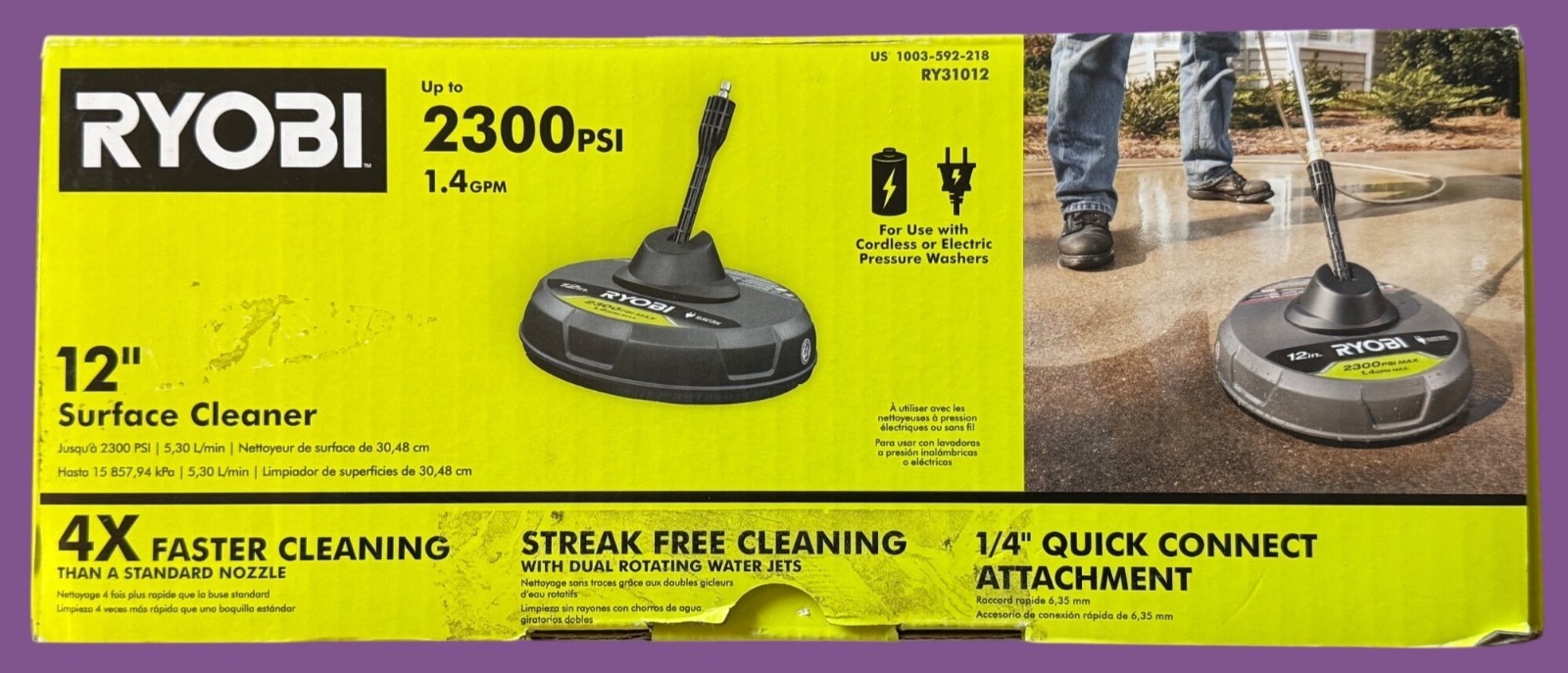 Ryobi 12″ Surface Cleaner For Pressure Washers Up To 2300 PSI 1.4 GPM With Quick