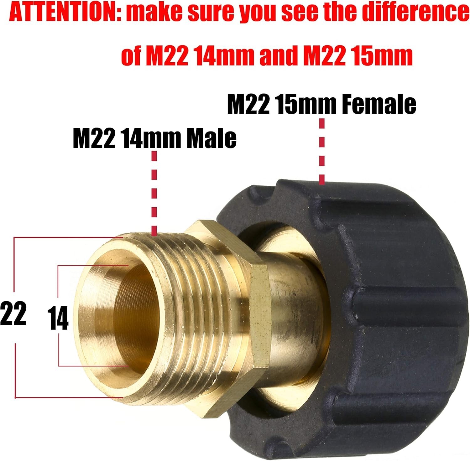 Pressure Washer Adapter, Metric M22 15mm Female Thread to M22 14mm Male Fitti…