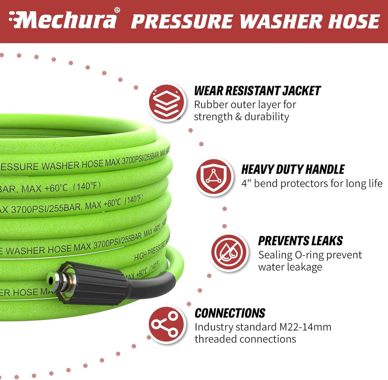 Pressure Washer Hose 50 FT, 1/4″ Super Flexible Green Power Washer Hose, 3700 PS