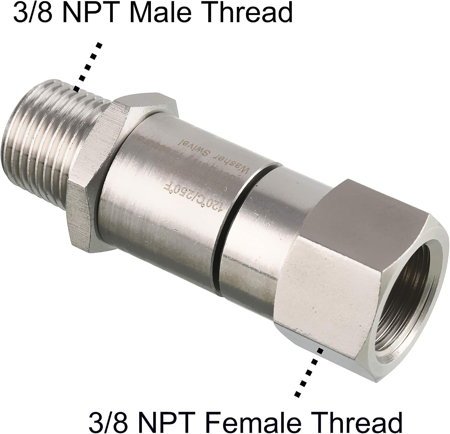 Pressure Washer Swivel 3/8 In NPT-M Male Thread 4000 PSI Stainless Steel Silver
