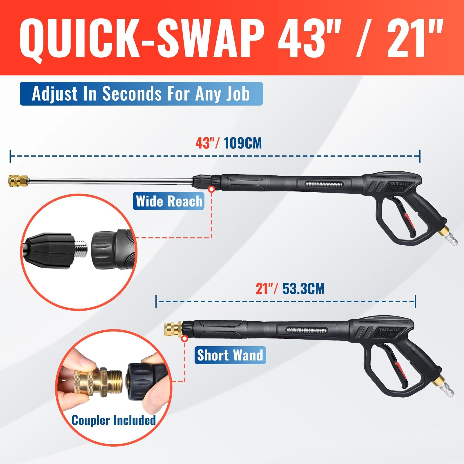 Pressure Washer Gun Wand with Swivel 3/8″ Plug & M22 Coupler – 43″ Ergonomic Ext