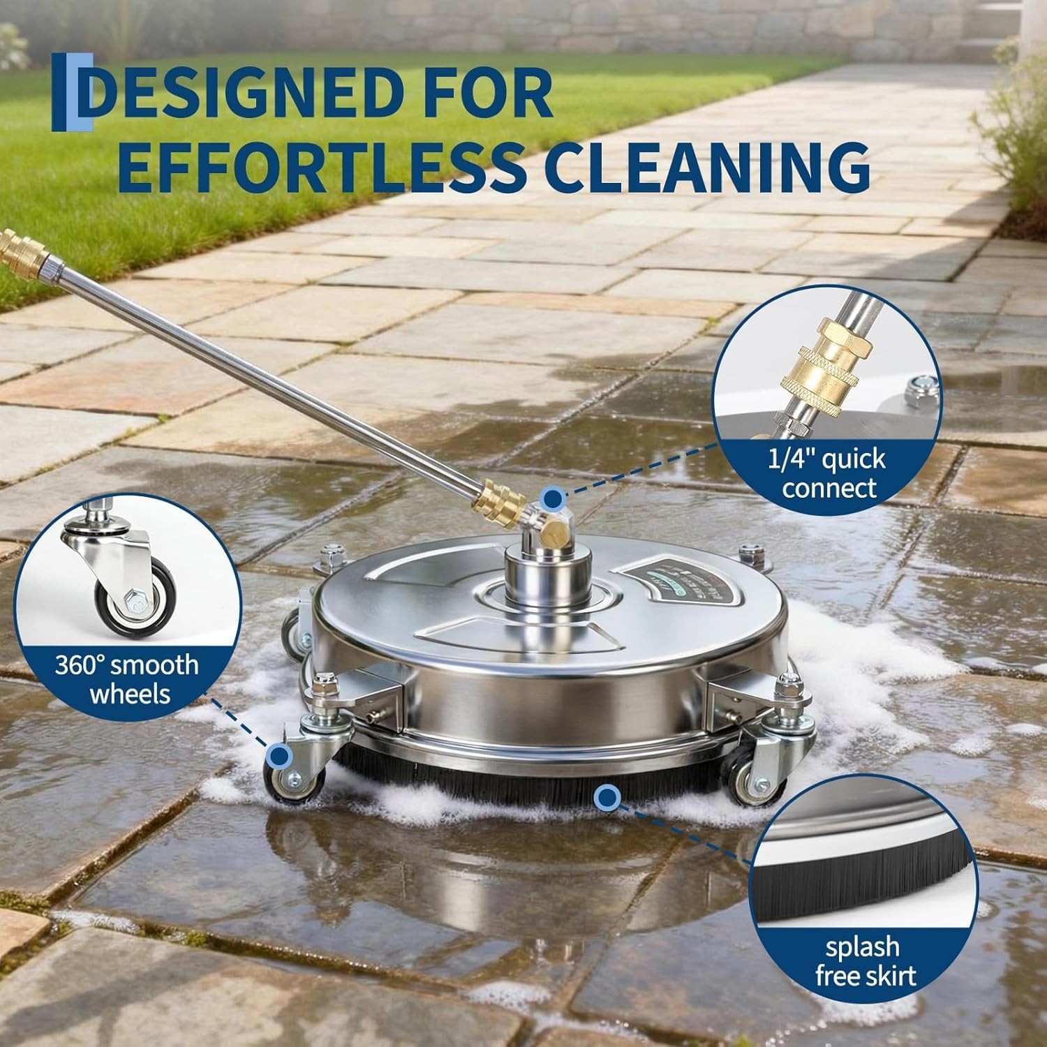 16.5″ Pressure Washer Surface Cleaner w/ 2 Wands & 4 Wheels Quick Connect Silver