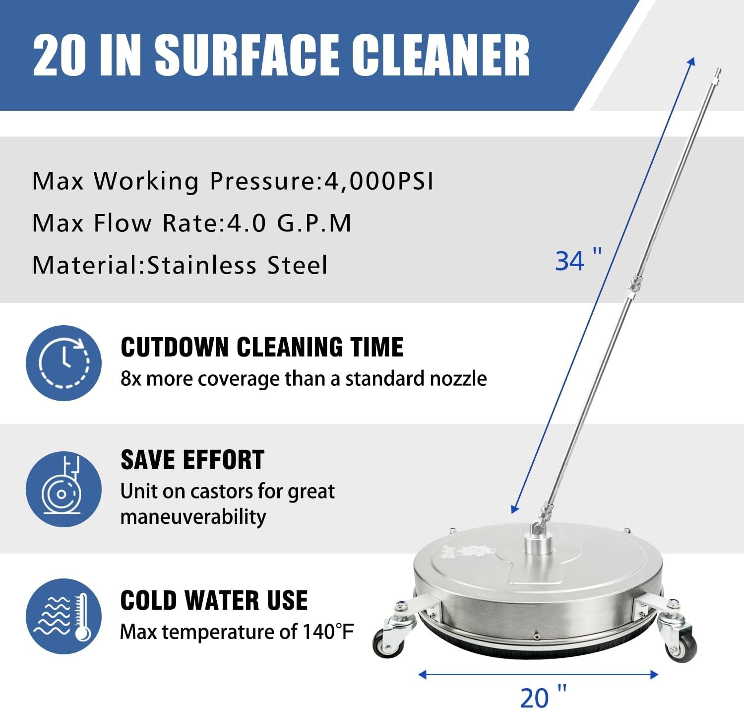 JANZ 20” Pressure Washer Surface Cleaner with 4 Wheels, Stainless Steel Hous…