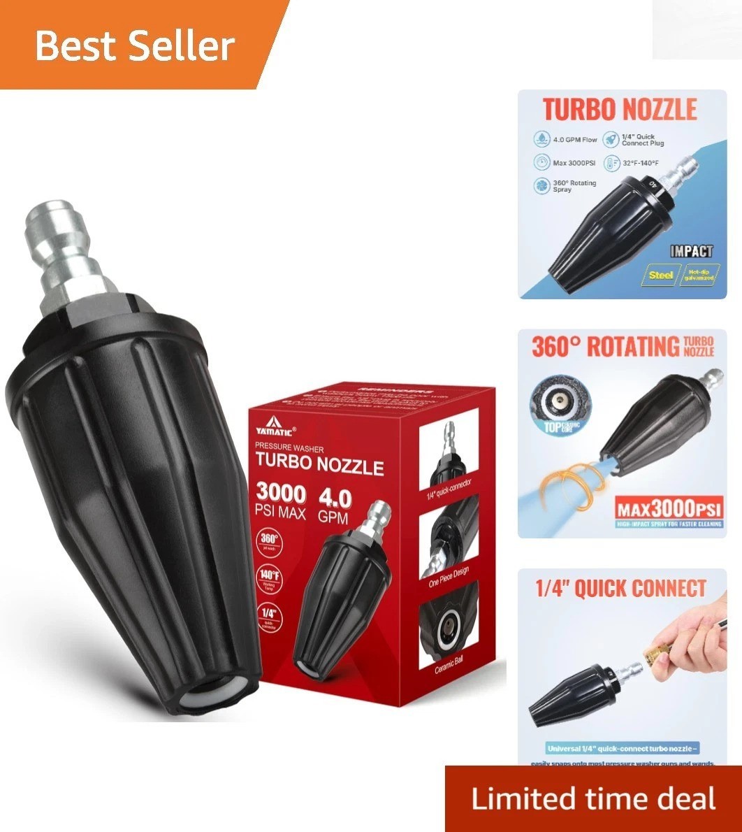 Efficient 3000 PSI Pressure Washer Turbo Nozzle – 4.0GPM with Quick Connector