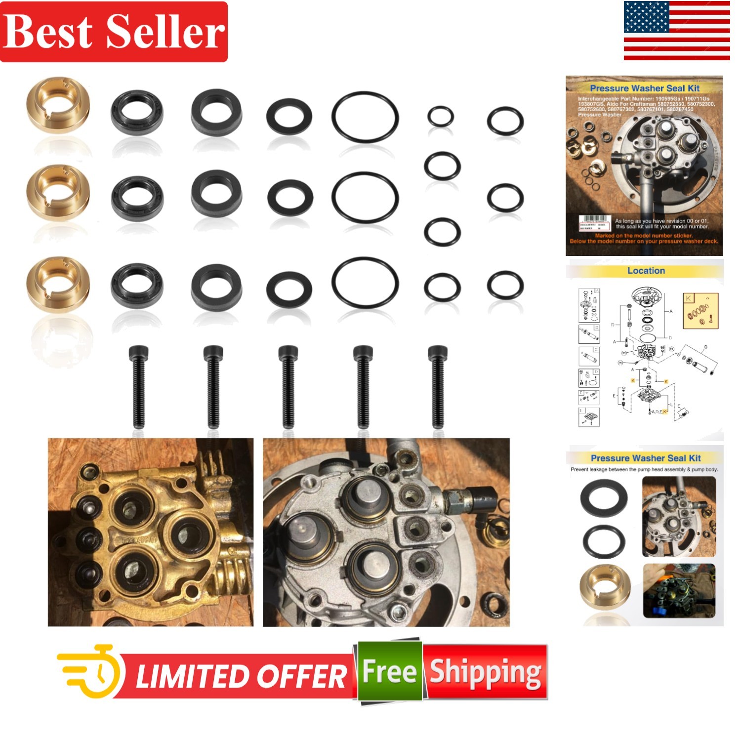 Pressure Washer Seal Kit Compatible With Briggs & Stratton 190595GS 190711GS …