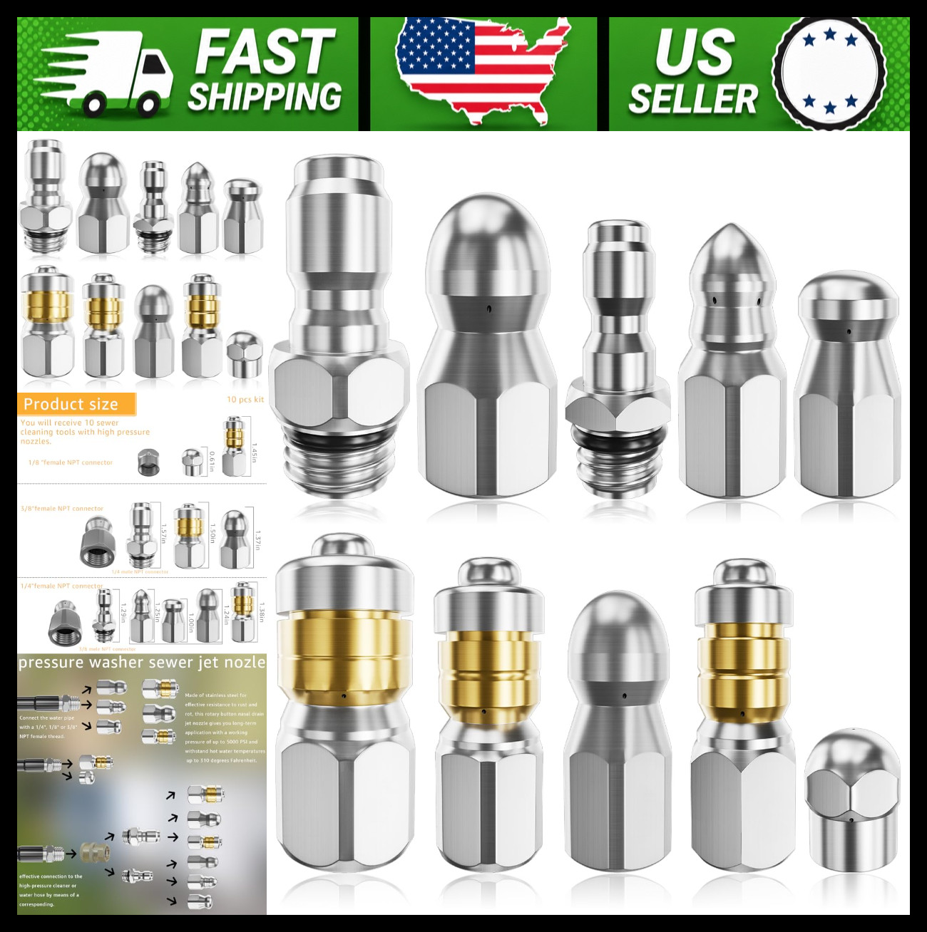 Jetter Nozzle Kit Pack of 10 Rotating Drain Cleaning Tips Stainless Steel