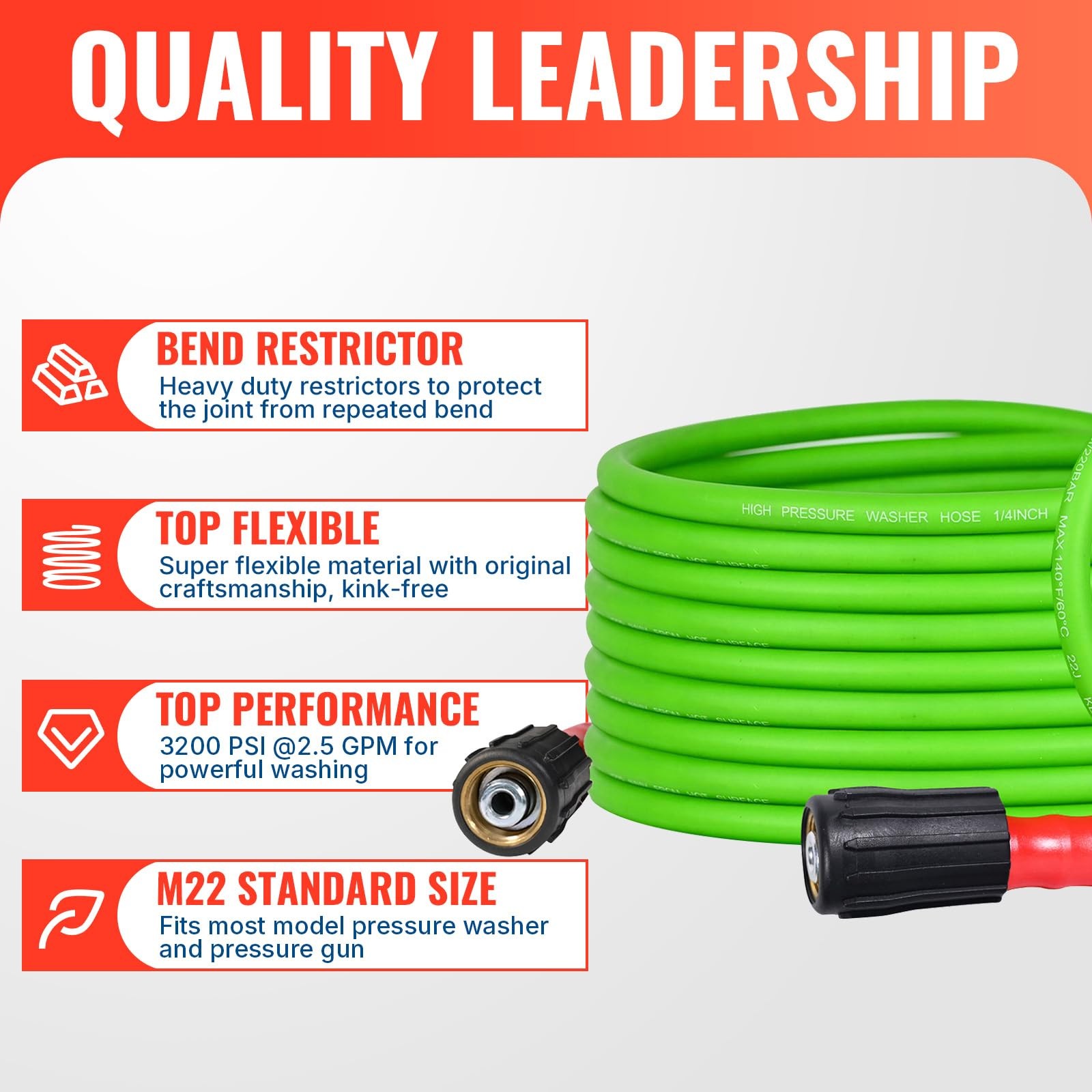 Pressure Washer Gun and 25FT Flexible Hose Stainless Steel Wand