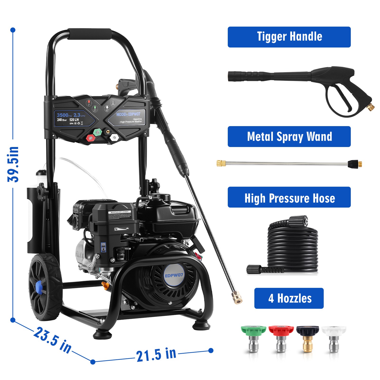 Efurden Gas High Pressure Washer 3500PSI 2.3GPM 209CC with 25ft Hose&4 Nozzles