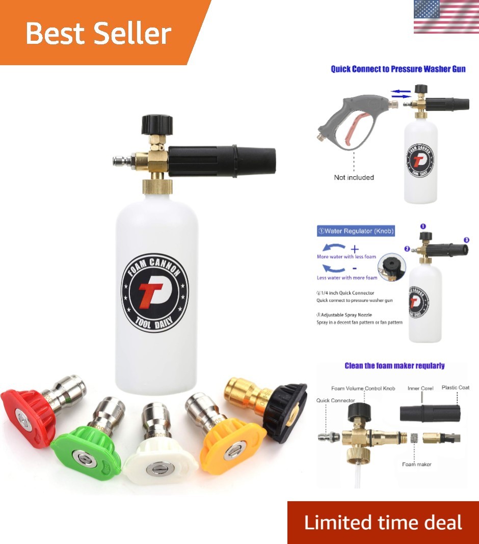 Foam Cannon & 5 Nozzle Tips Set – 1 Liter Quick Connect for Efficient Cleaning
