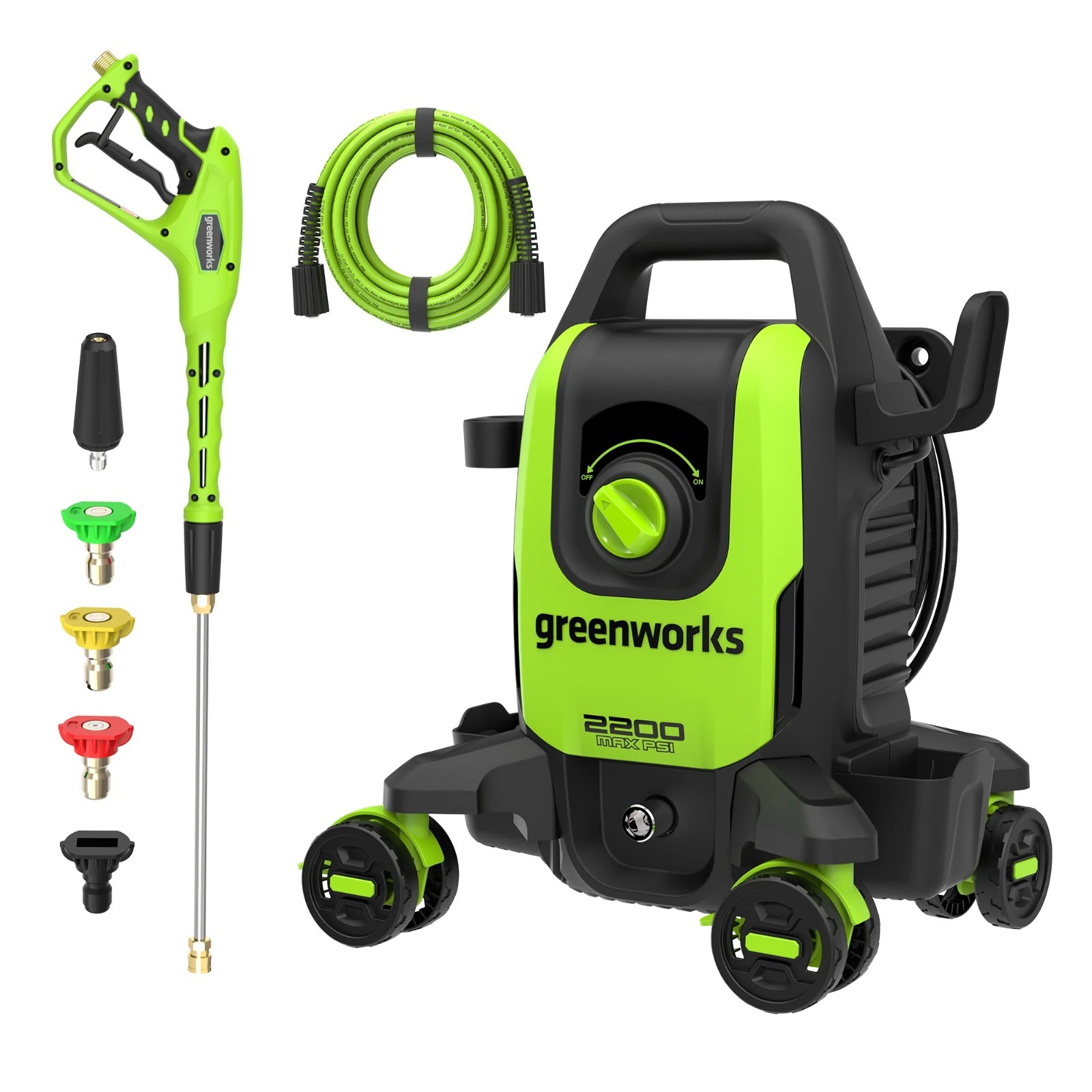 Greenworks 2200PSI 1.2GPM Four-Wheel Pressure Washer w/5 Nozzles& Detergent Tank