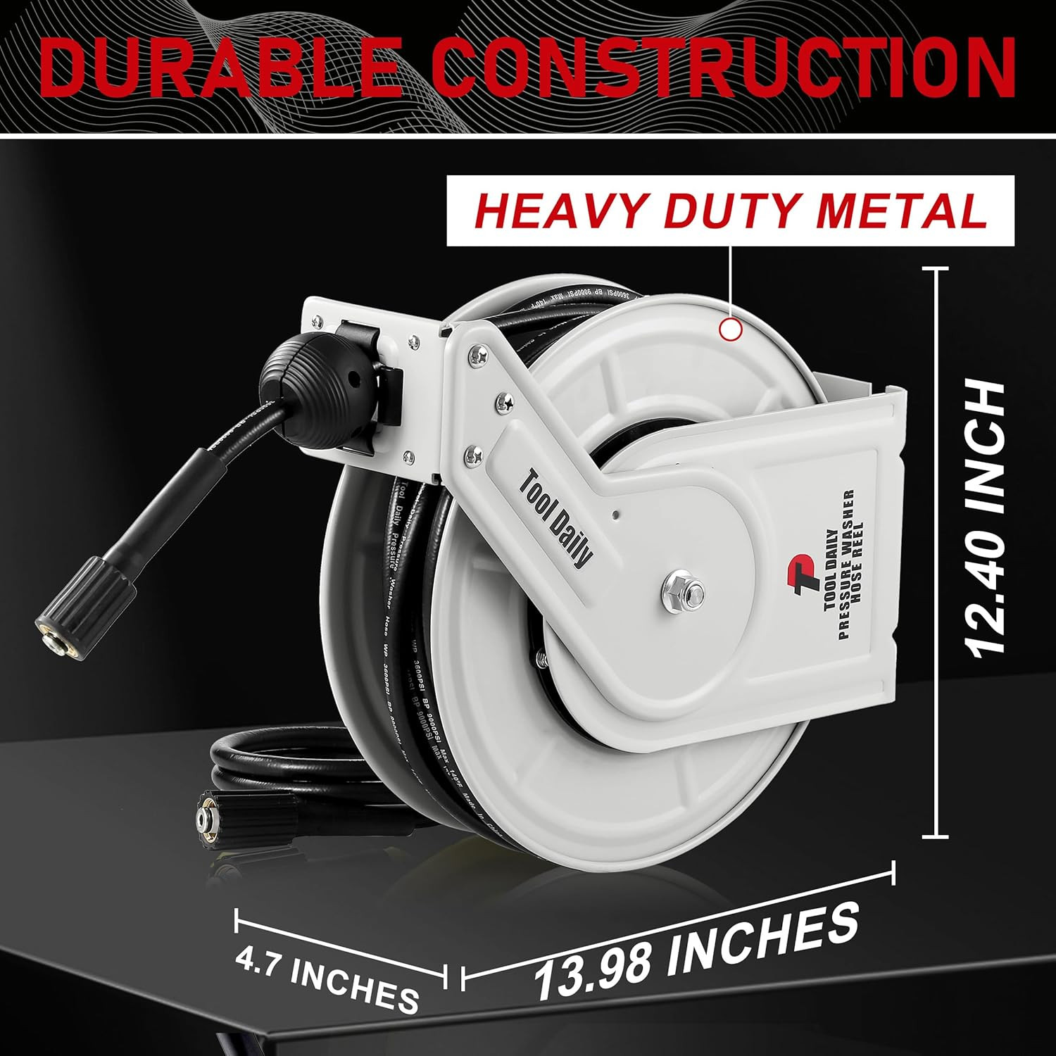 Heavy Duty 60FT Retractable Pressure Washer Hose Reel, 3600 PSI Auto-Rewind