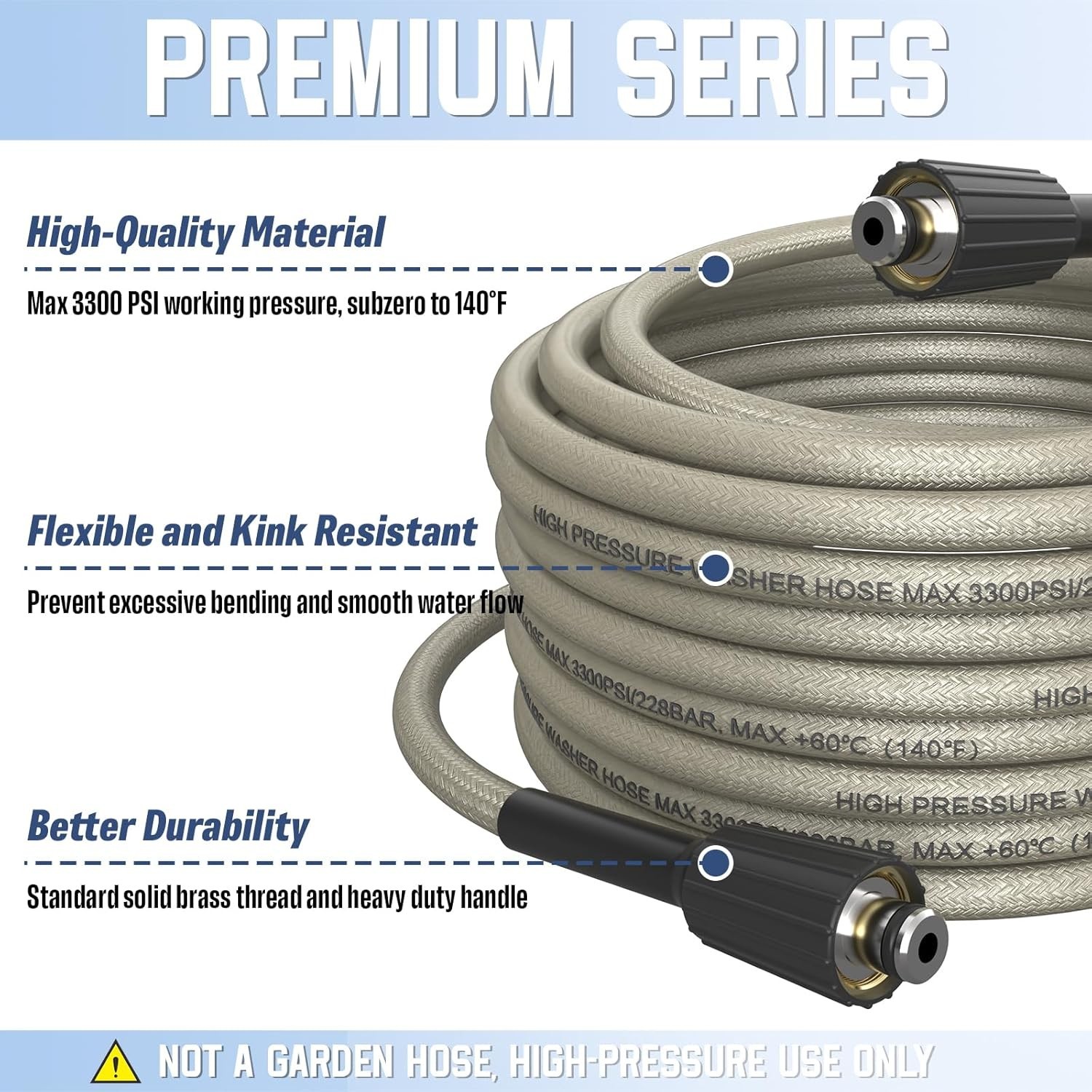 Gray 25′ Kink Free High Pressure Washer Hose – M22-14mm Brass Fittings Included