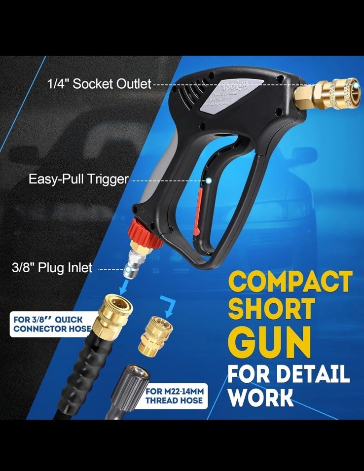TOOLCY Pro Short Pressure Washer Gun 5000 PSI with 360° Swivel,3/8″ Quick Connec