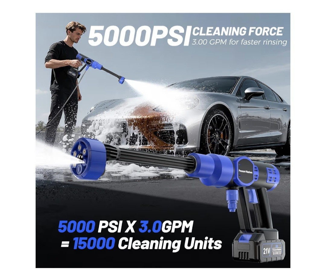 Cordless Cold Water Pressure Washer Gun 21V 5000 PSI w/ Battery Hose Soap Tank