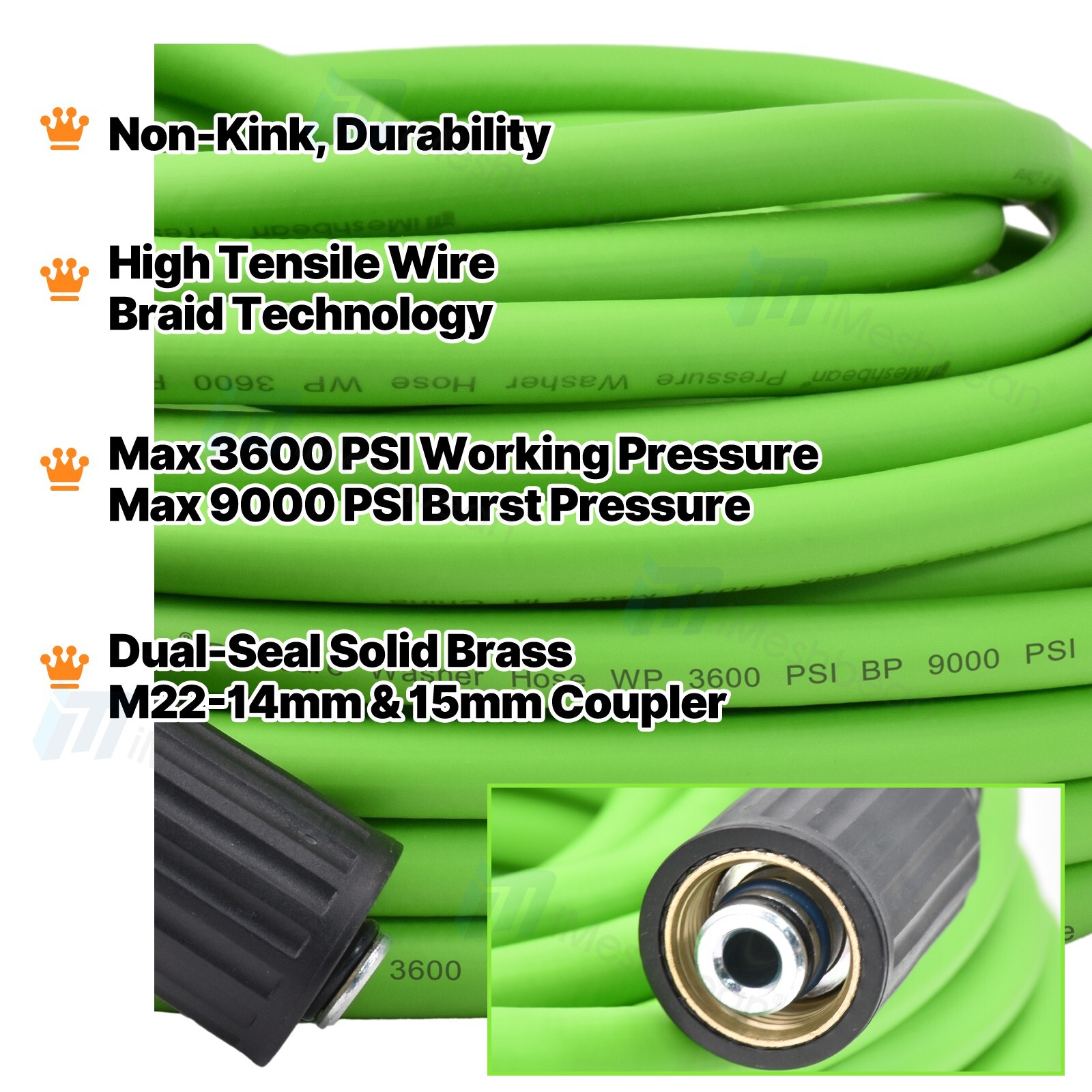 Super Flexible High Pressure Washer Hose 3600 PSI Power Extension M22-14&15mm QC
