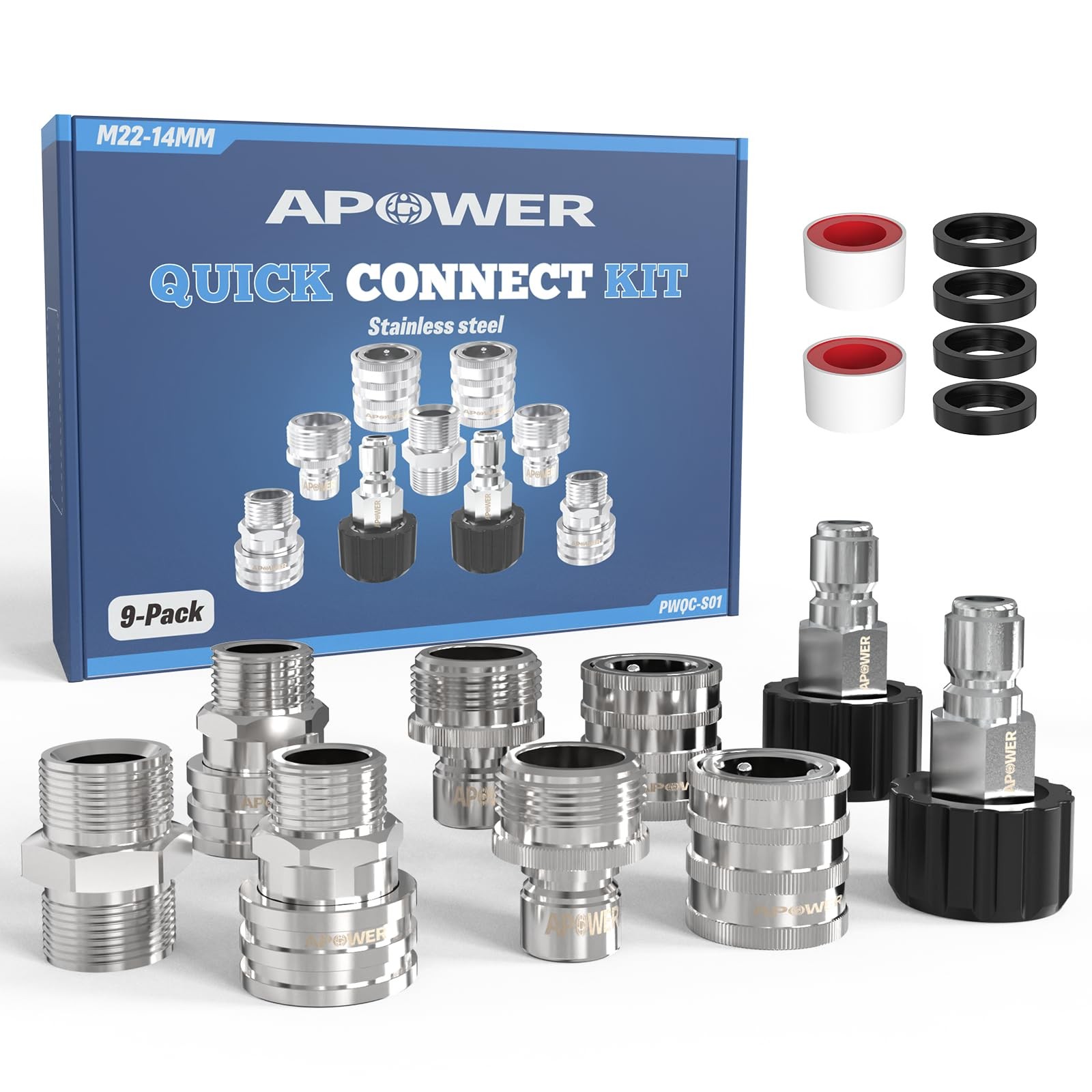 Pressure Washer Quick Connect Kit, M22 to 3/8″ Adapter Set, 9 Pieces