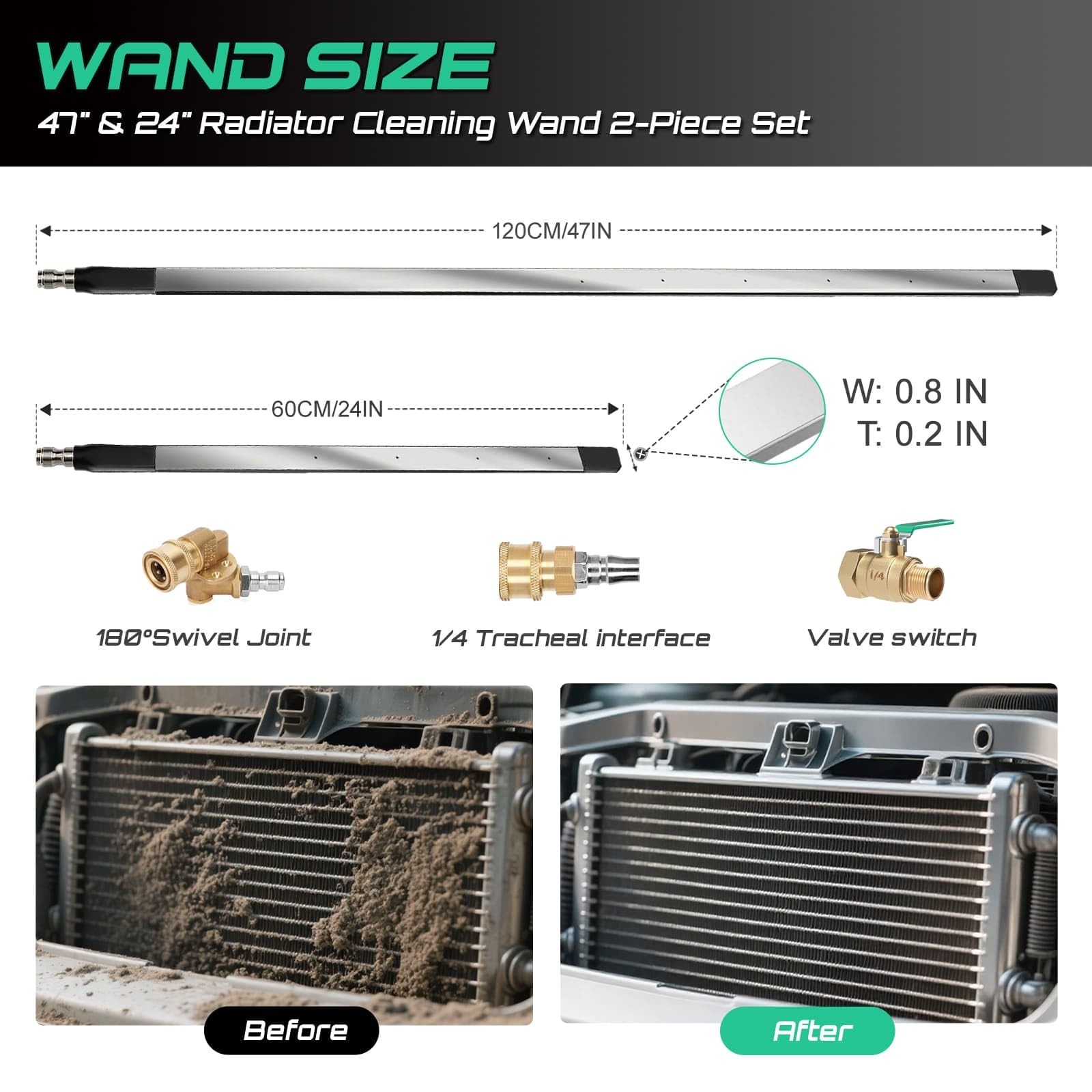 47″ & 24″ Radiator Cleaning Wand 2Piece Set, 4500 PSI Stainless Steel Dual Wa…