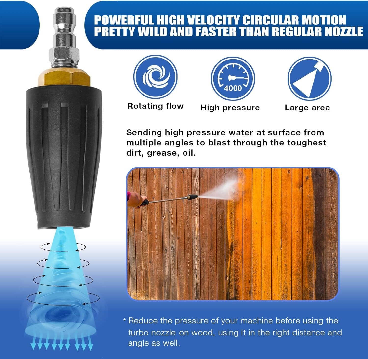 4.0GPM Pressure Washer Rotating Brass Turbo Nozzle Spray Tip 4000PSI 1/4″ Quick