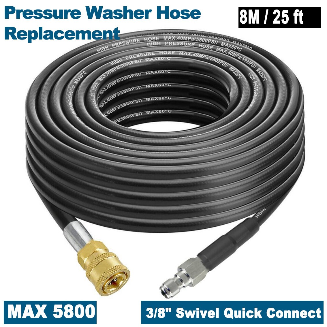 25FT x 1/4 Inch 5800 MAX PSI Pressure Washer Replacement Extension Hose 3/8IN QC