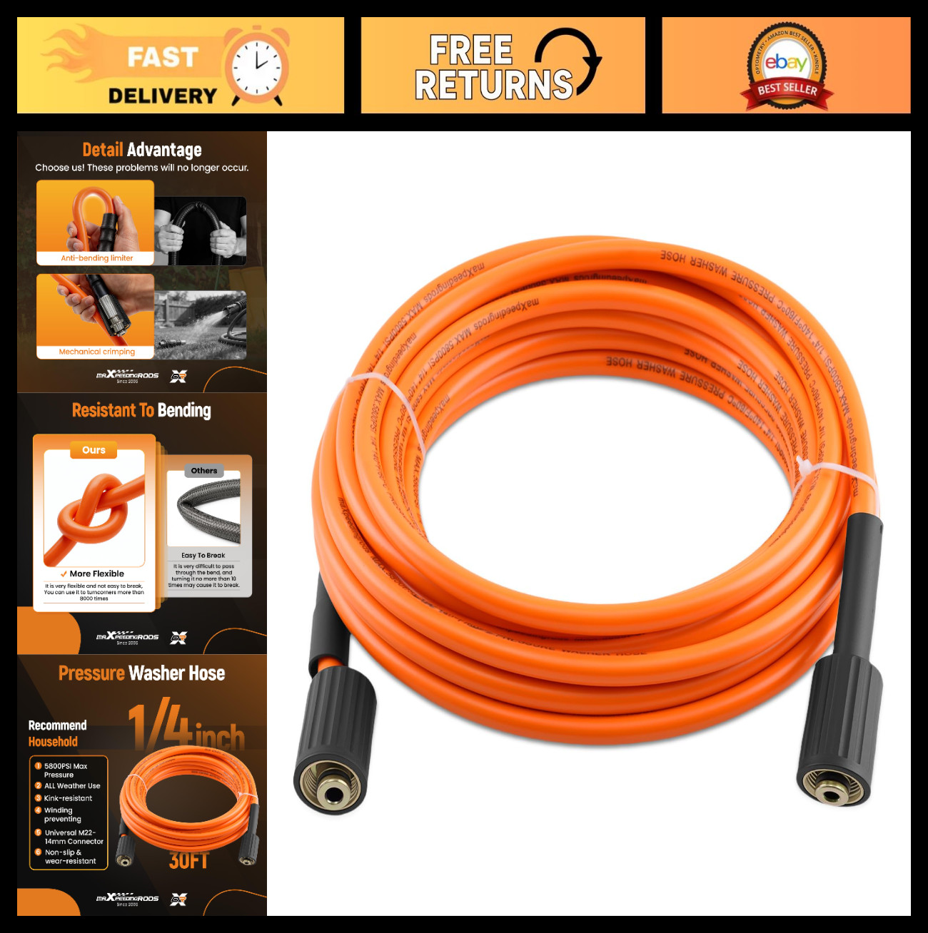 30FT Pressure Washer Hose 5800PSI Kink Resistant PVC Universal M22 Fittings Oran
