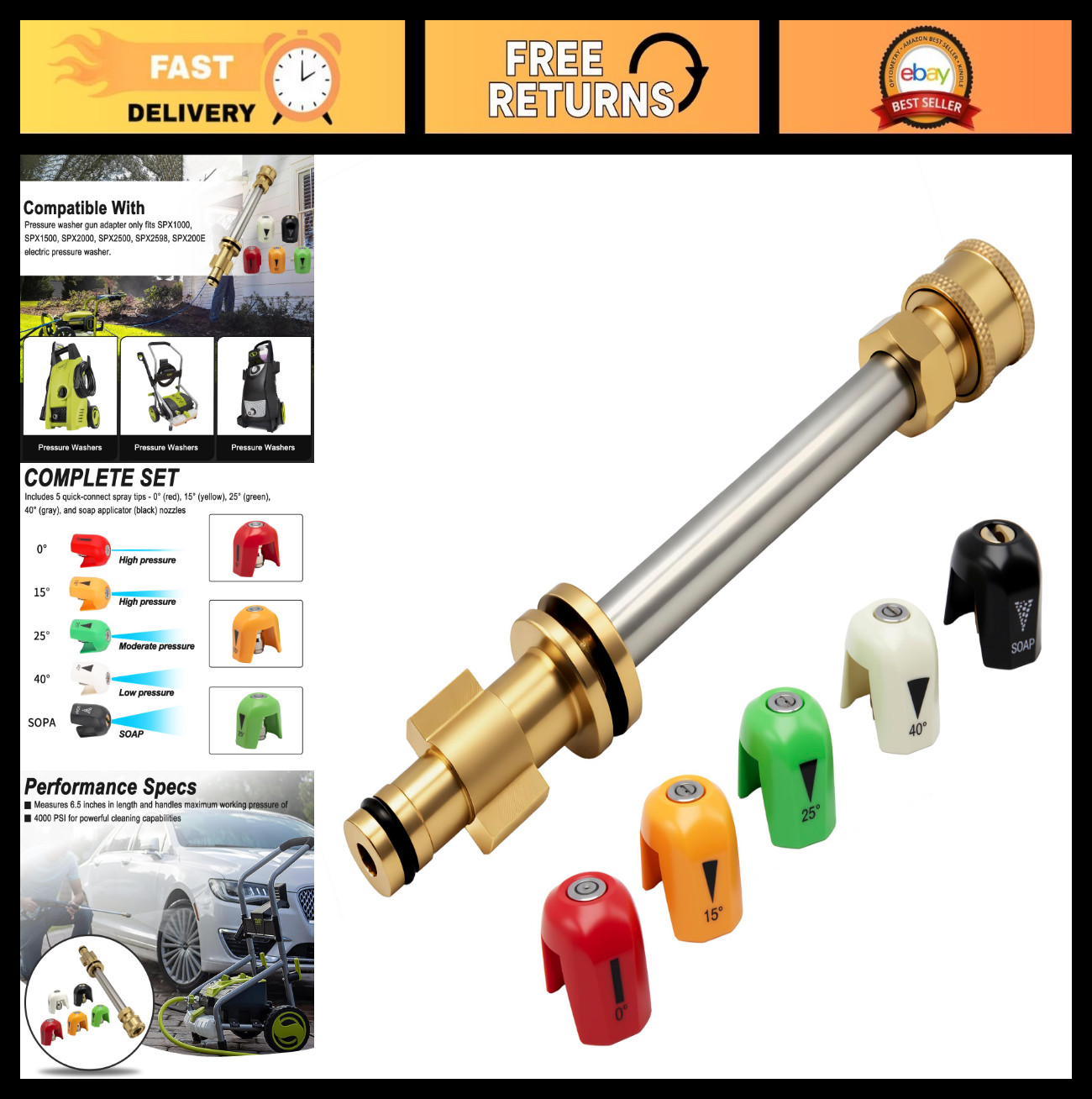Pressure Washer Gun Adapter & Quick-Connect Nozzles for Sun Joe SPX Series