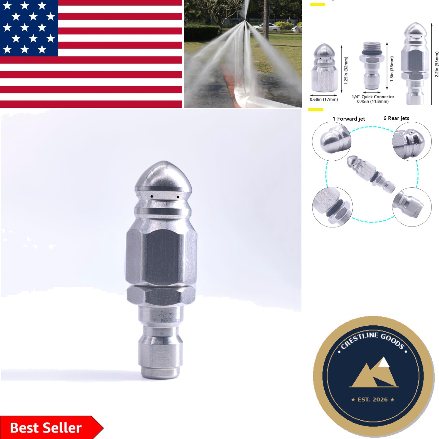 Compact 5000 PSI High Pressure Jetter Nozzle with Stainless Steel Quick Connect