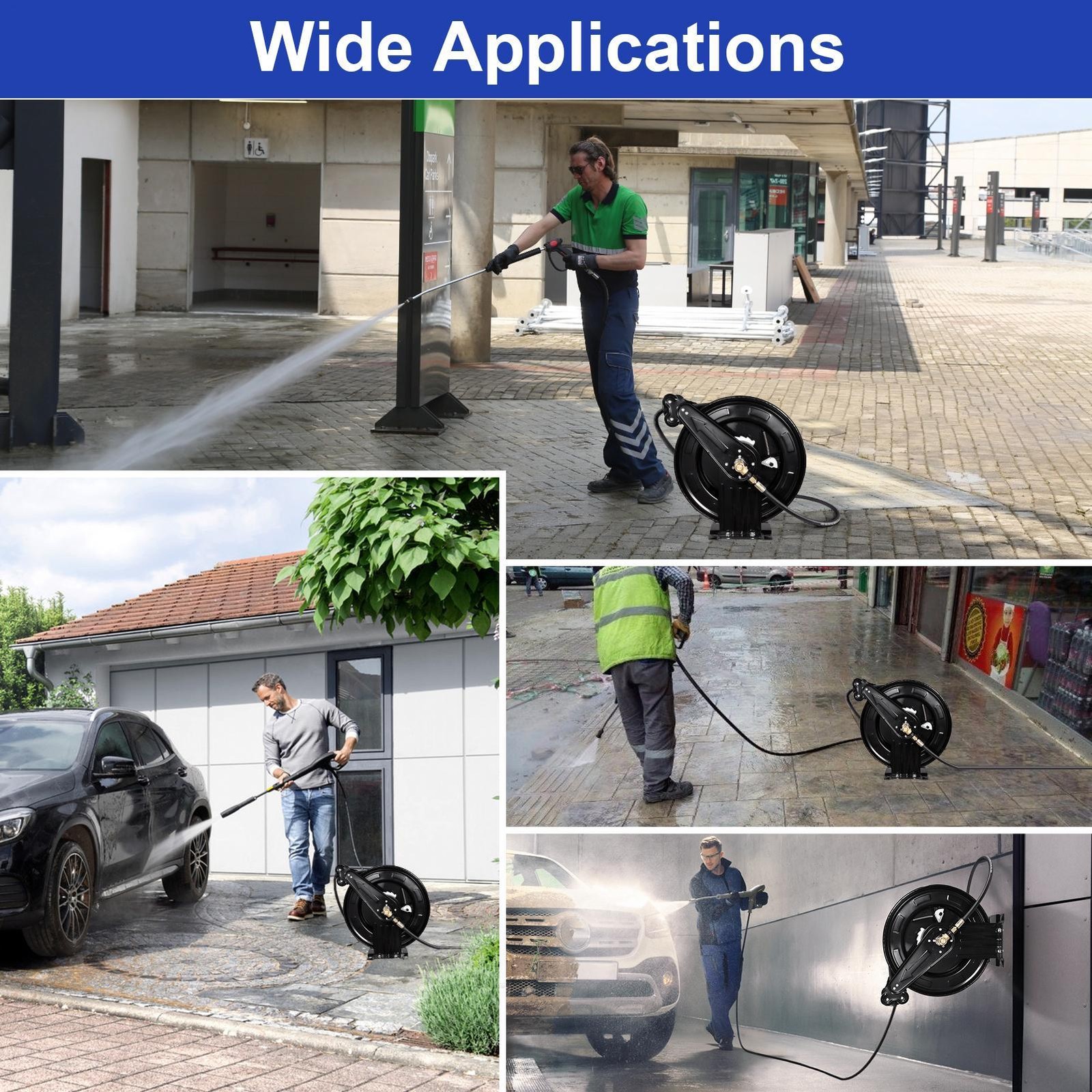Retractable Power Pressure Washer Hose Reel 3/8″ X 50 Ft,4000PSI Hot&Cold Water