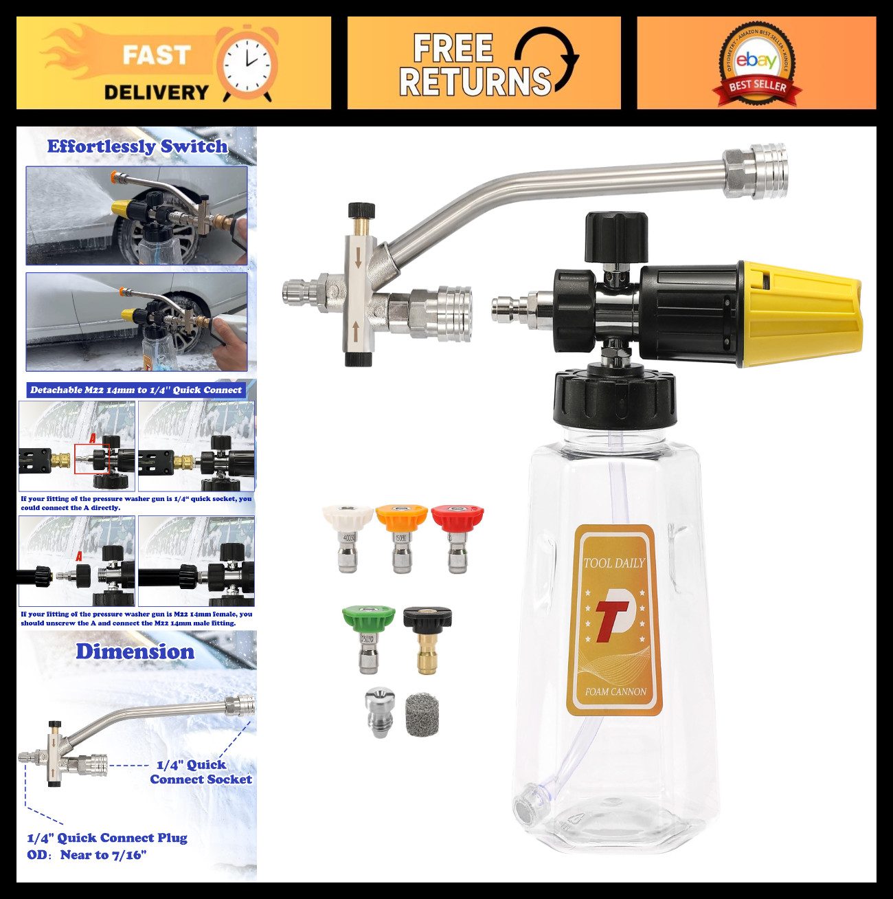 Pressure Washer Foam Cannon with Dual Connector, 5 Nozzles & Quick Connect Tip