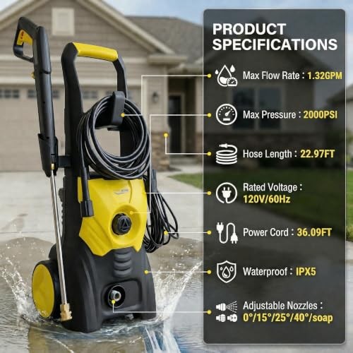 Pressure Washer 2000 PSI Electric Pressure Washer,The Cable Basic style Yellow