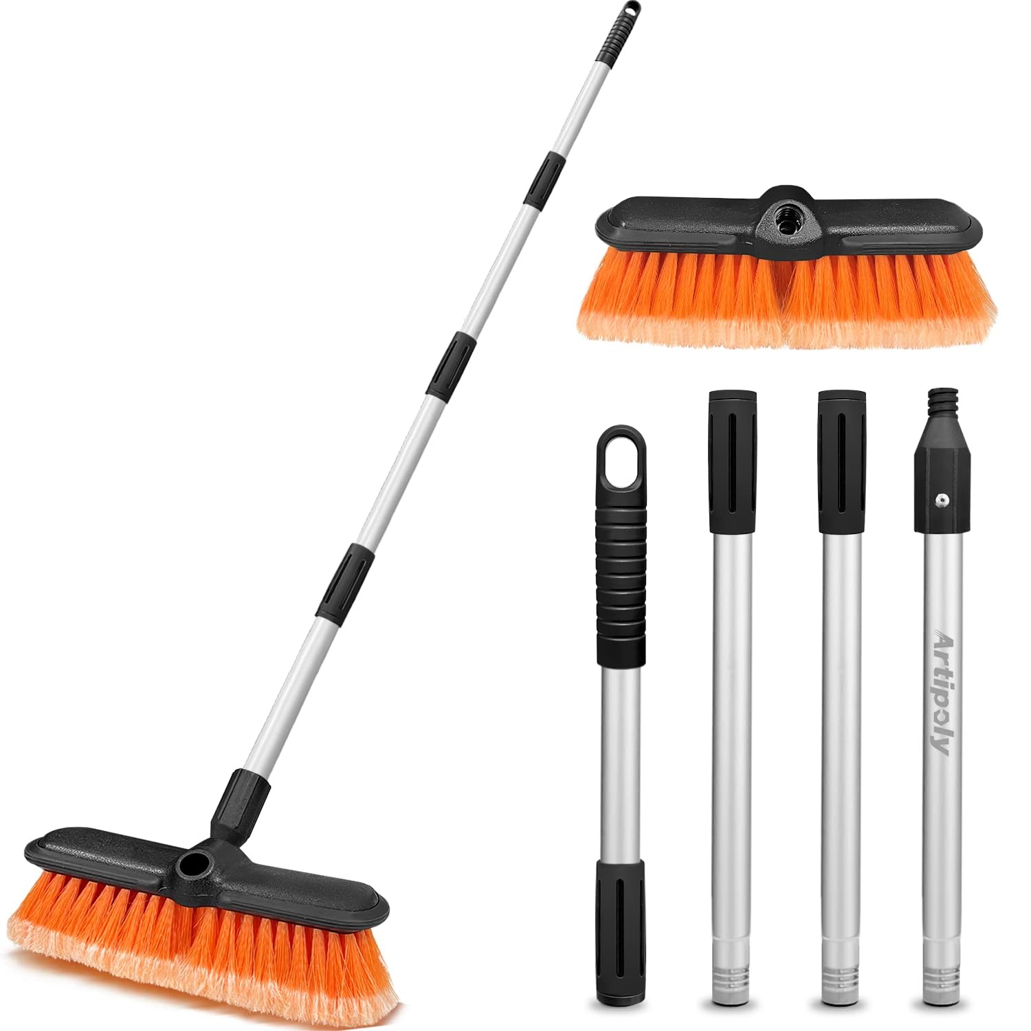 ARTIPOLY 65″ Car Wash Brush with Extension Pole, 10″ brush pole, Orange