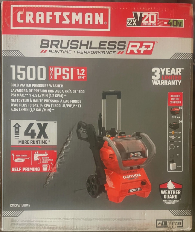 Craftsman Brushless 1500 PSI Pressure Washer 20V Battery + Charger CMCPW1500N2