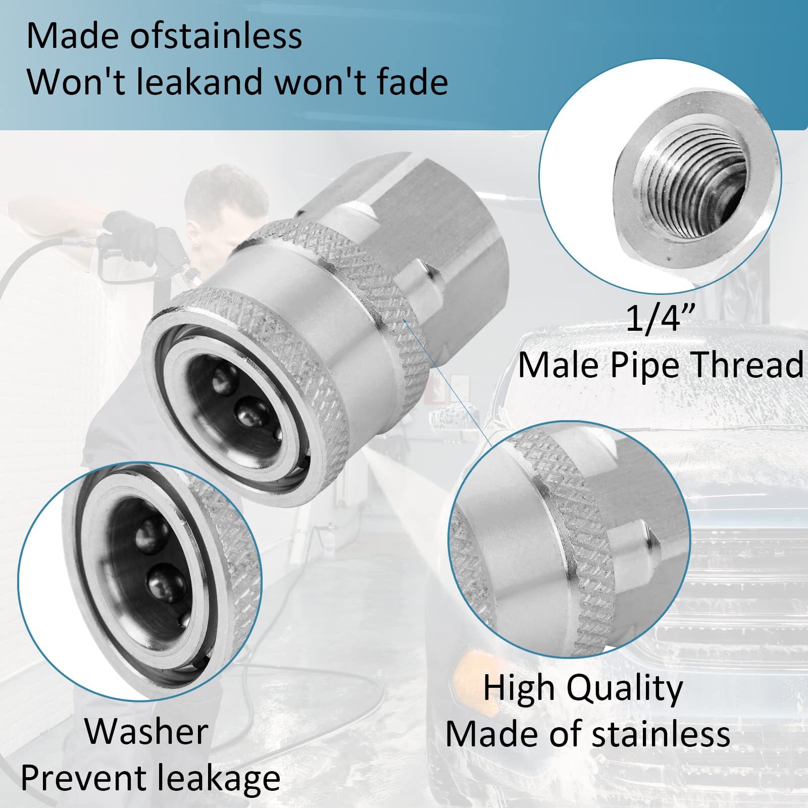 2 Sets NPT 1/4 Inch Pressure Washer Coupler Quick Connect Plug Stainless Stee…
