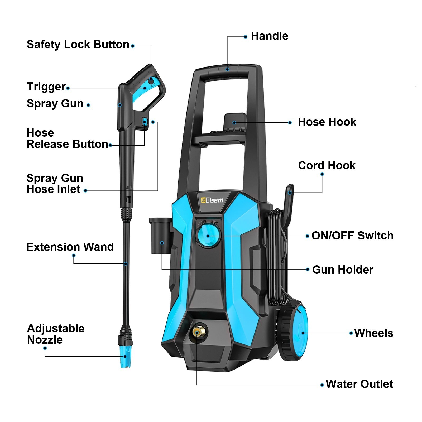 Gisam 2200W 200Bar Electric High Pressure Washer Car Washer Gun Garden Washing