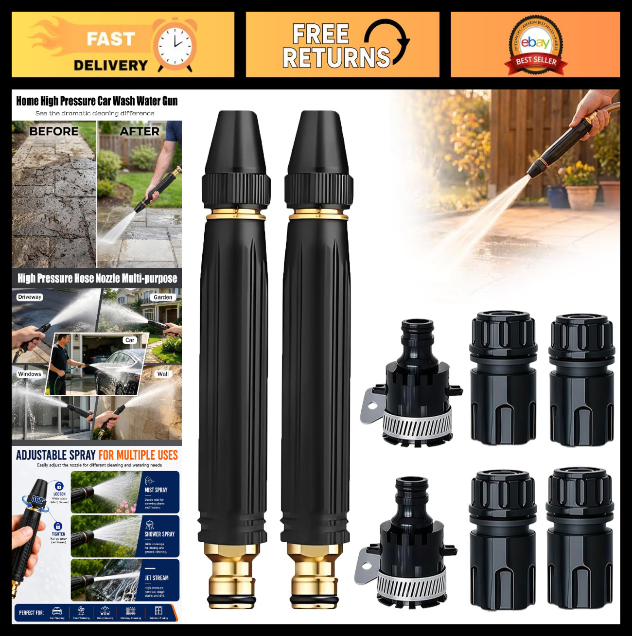 2PCS High Pressure Car Wash Water Gun & Hose Nozzle, 3 Spray Modes for Gardening