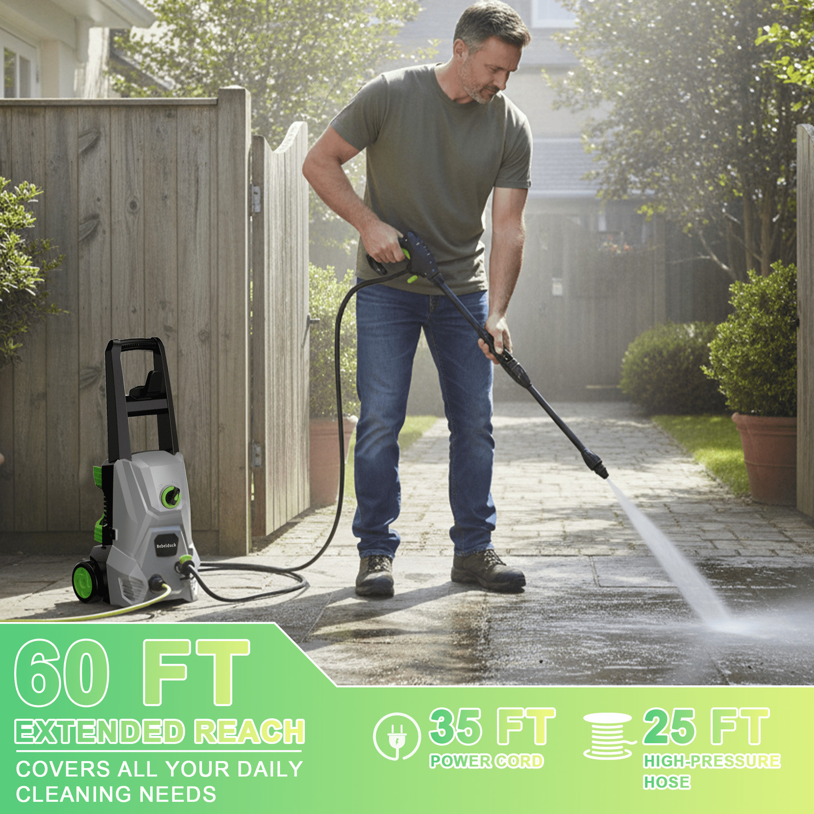 Rebelduck PW01GG 4000 PSI Electric Pressure Washer, 2.6 GPM, 4-in-1 Adjustable