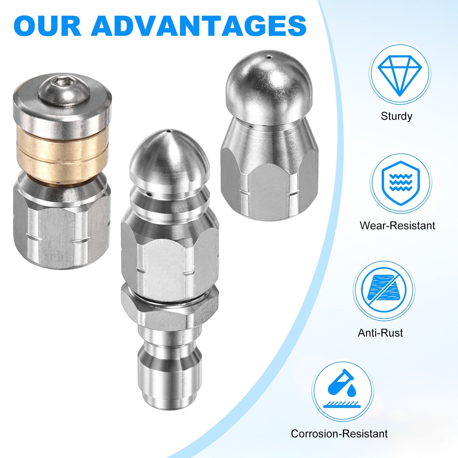 4-Pack 1 Front and 3 Rear Jets Sewer Jetter Nozzle Tips, G1/4 Connector