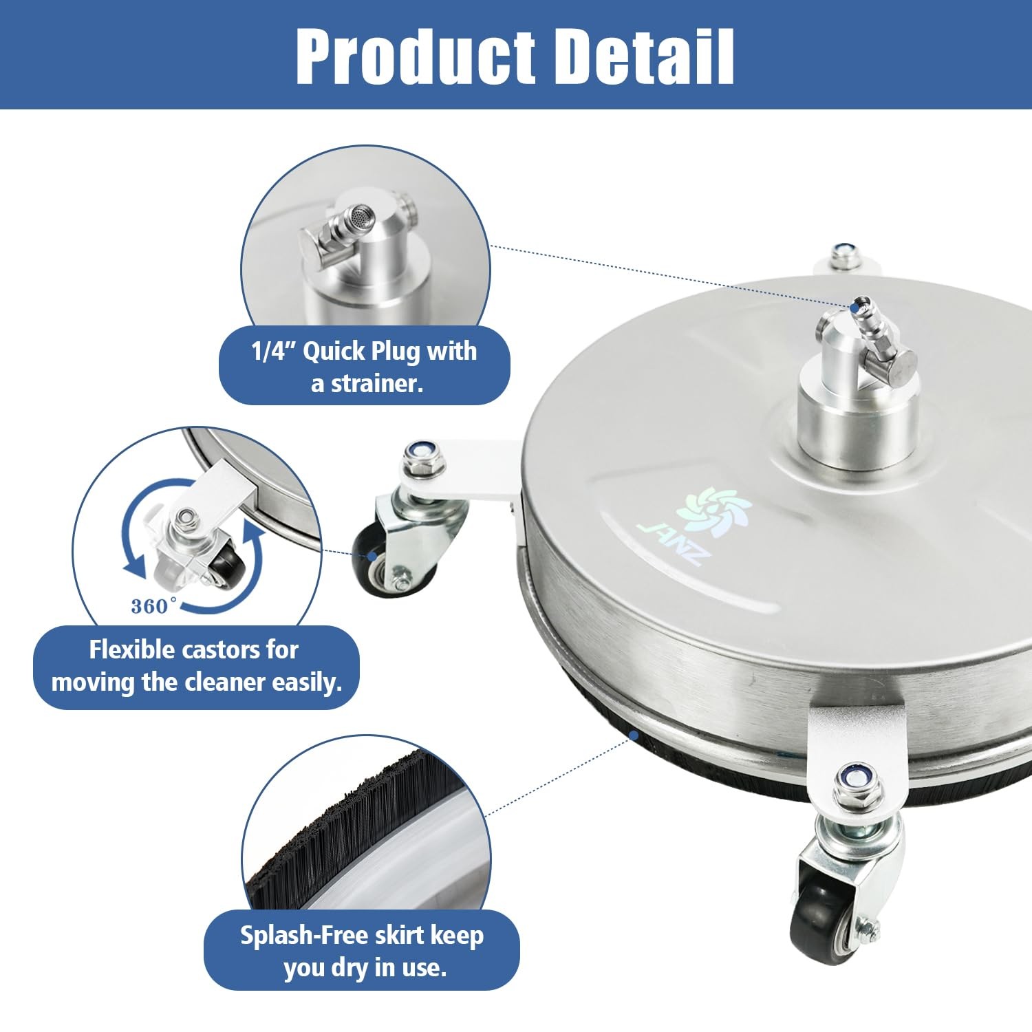 14 inch Pressure Washer Surface Cleaner Attachment with 4 Wheels Stainless