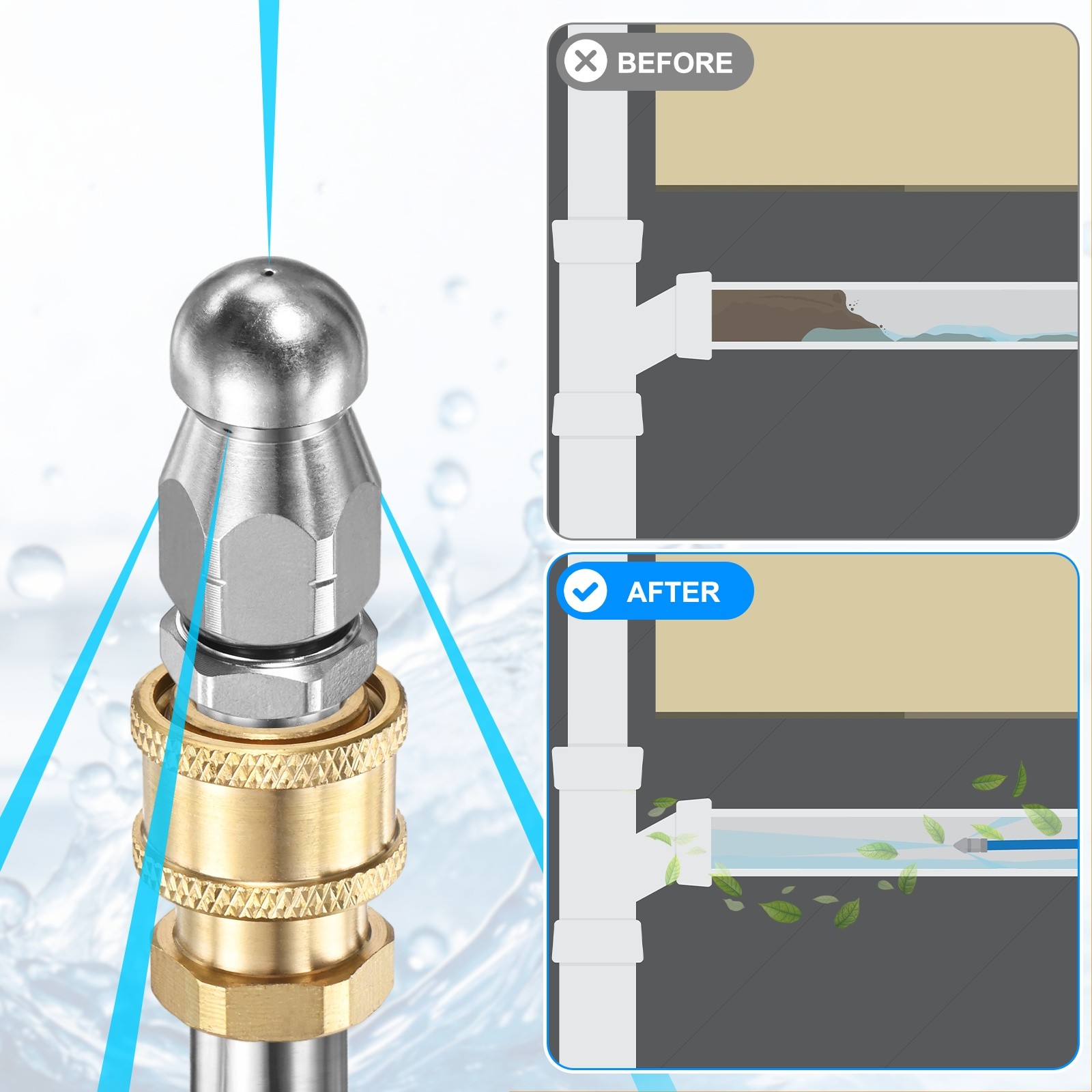 4-Pack 1 Front and 3 Rear Jets Sewer Jetter Nozzle Tips, G1/4 Connector