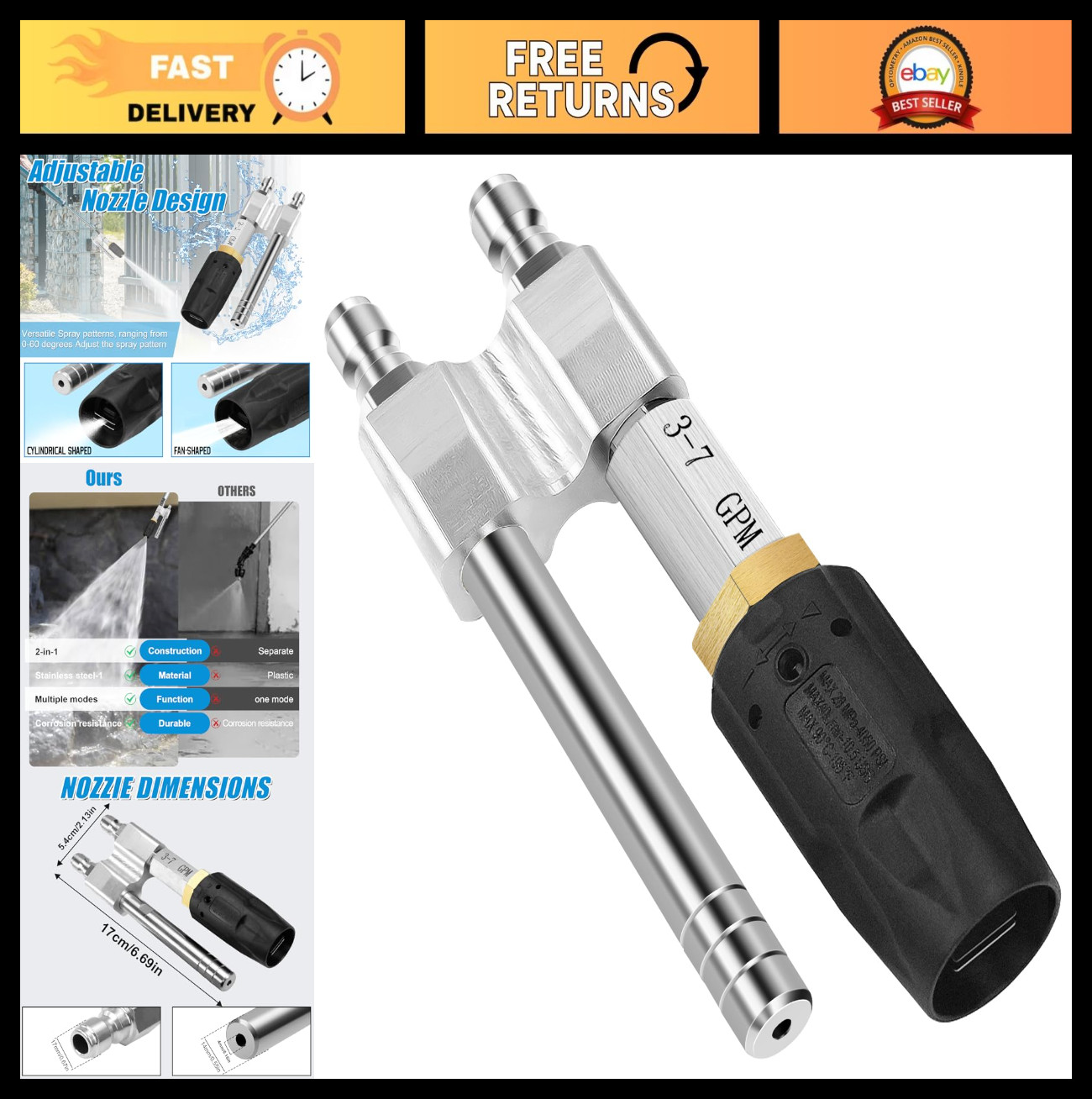 Adjustable Soft Wash Nozzle 2-in-1 Shooter Tip M5 Long Reach for Pressure Washer