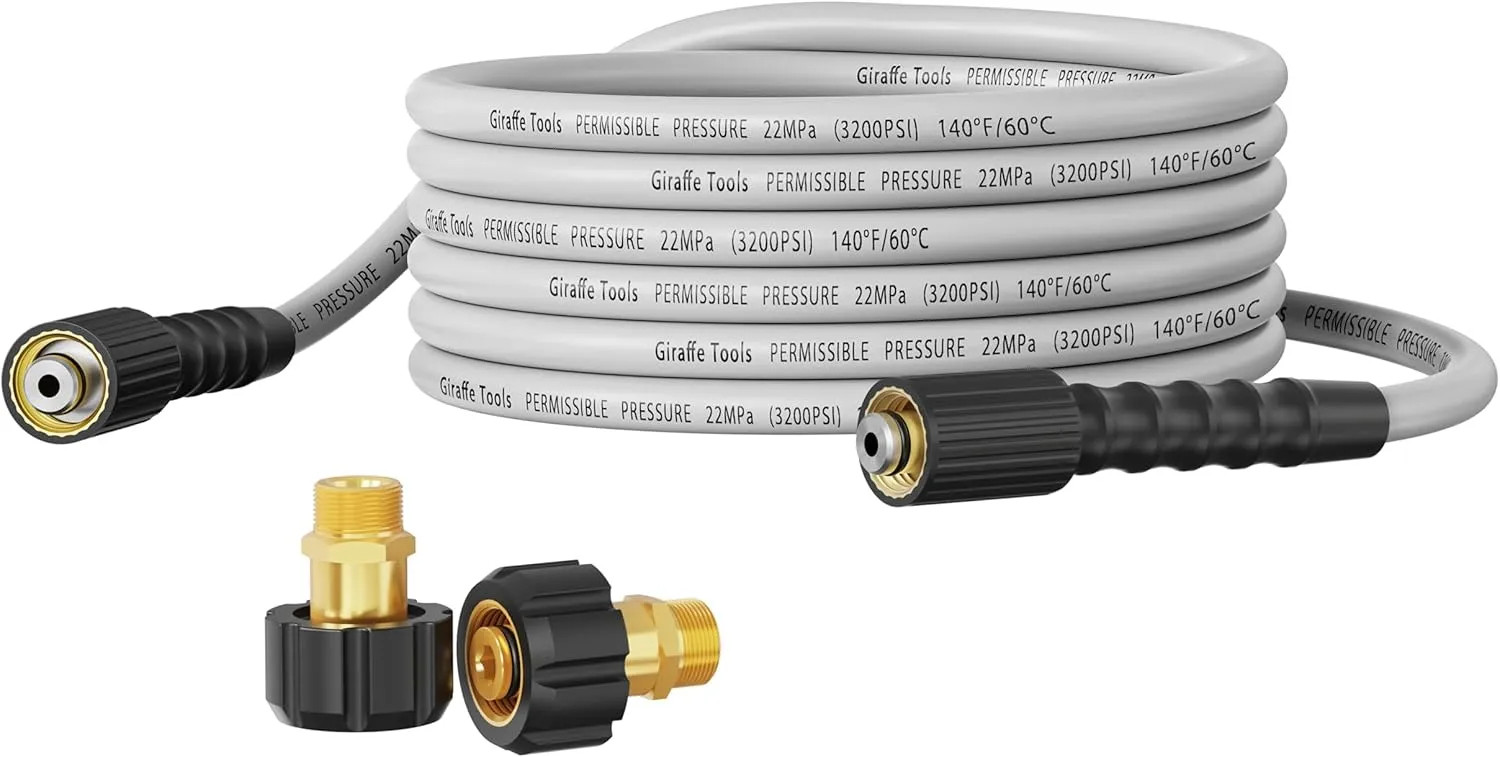 25FT Pressure Washer Hose 3200 PSI 1/4 Inch M22 14mm Fitting With Adapter Sets