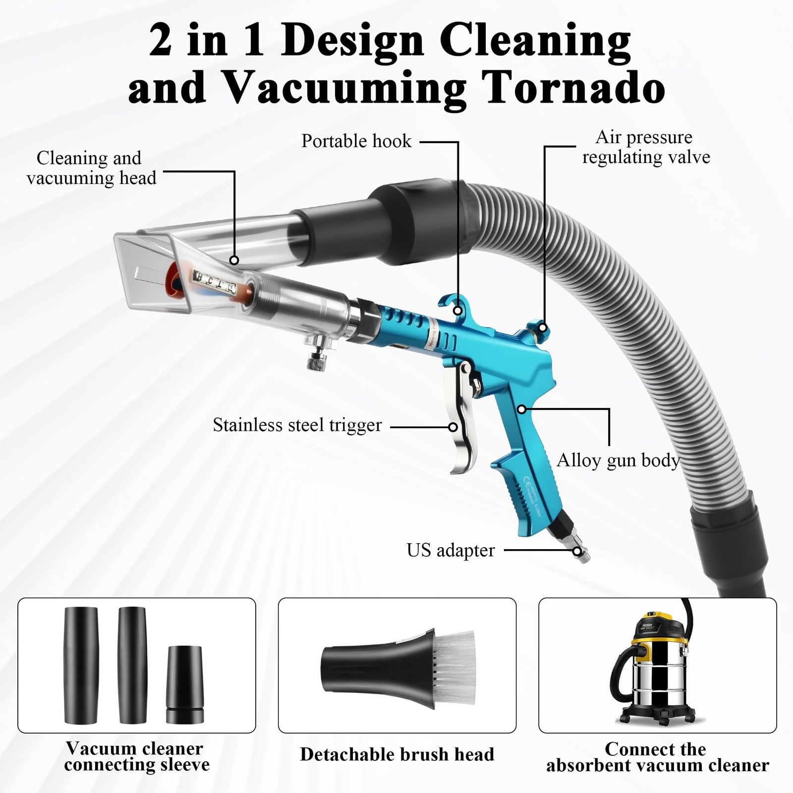 2-in-1 Car Detailing Air Blow Gun & Vacuum with Adjustable Nozzle for Cleaning