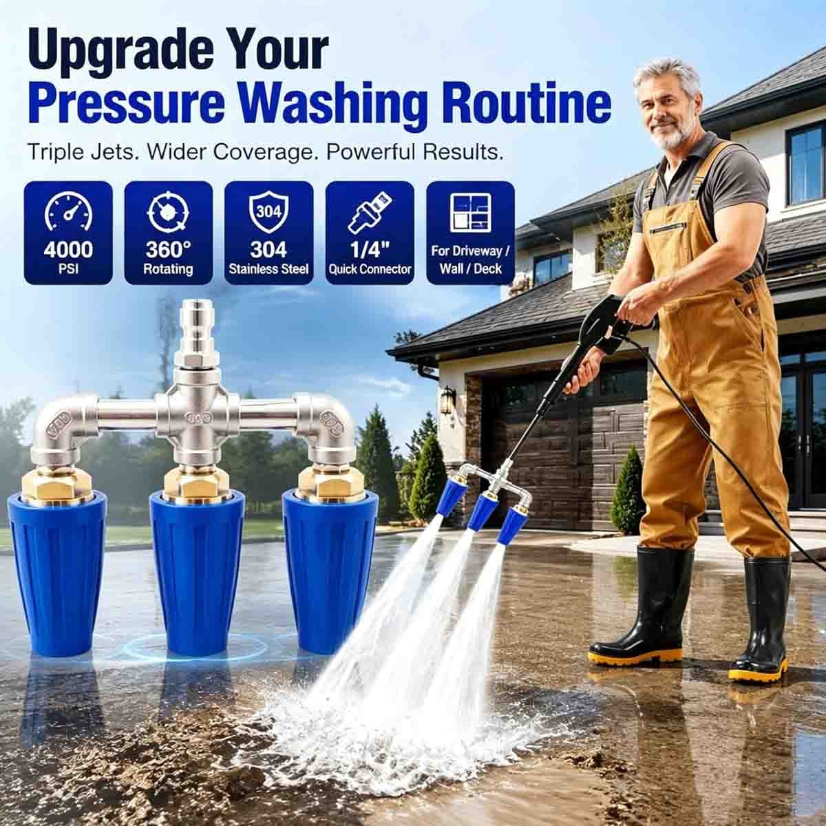 Pressure Washer Triple Turbo Nozzle 360 Rotating 1/4″ Quick Connect 4000 PSI