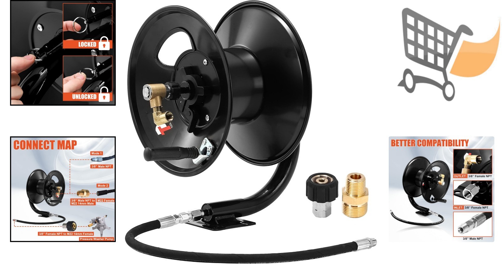 Pressure Washer Hose Reel Heavy Duty Steel 100 FT for Power Washers