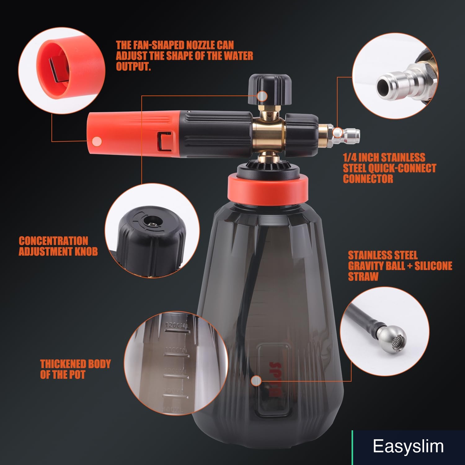 Foam Cannon for Pressure Washer 34 oz Orange Nozzle Quick Connector