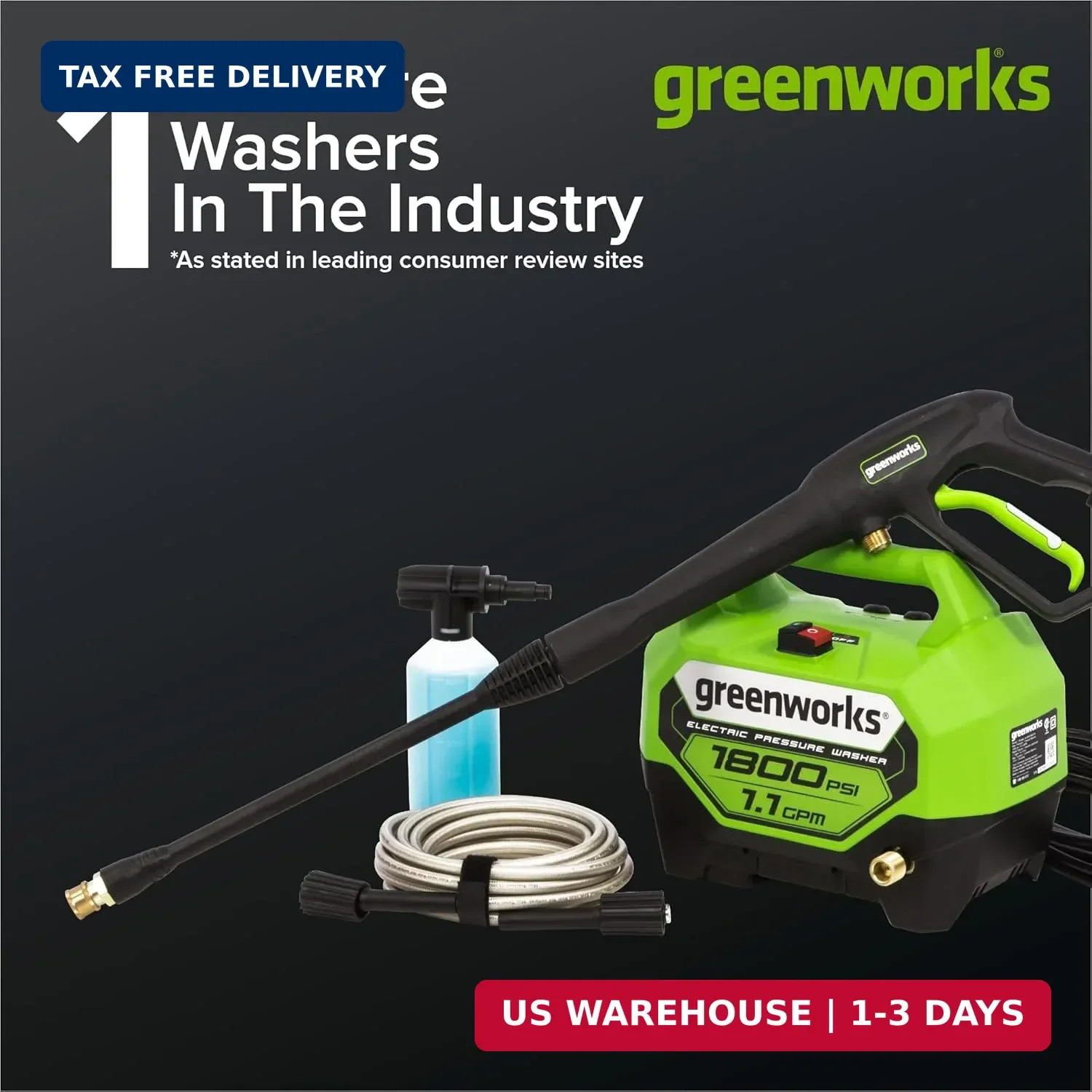 Greenworks 1800 PSI (1.1 GPM) Electric Pressure Washer PWMA Certified