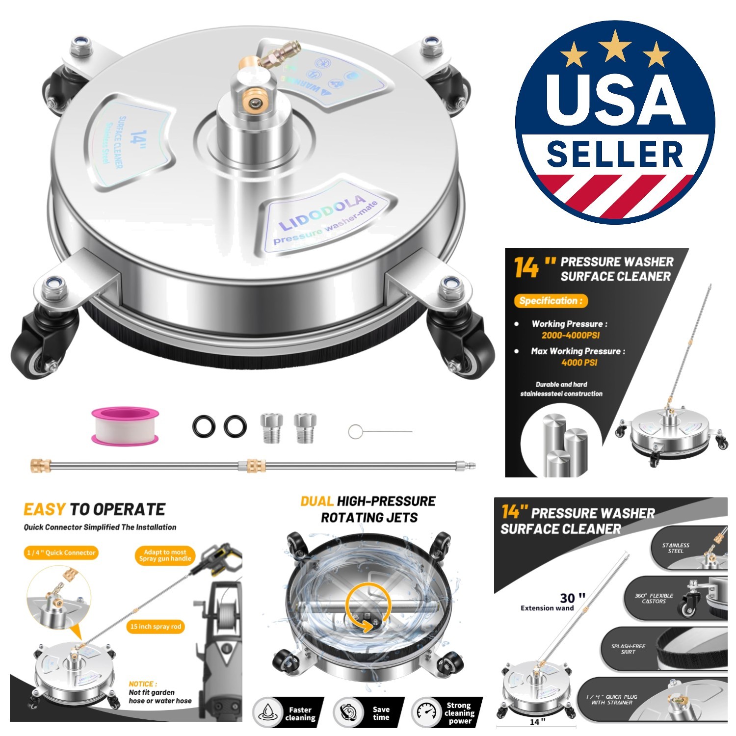 14″ Stainless Steel Surface Cleaner for Patios, Driveways & Sidewalks