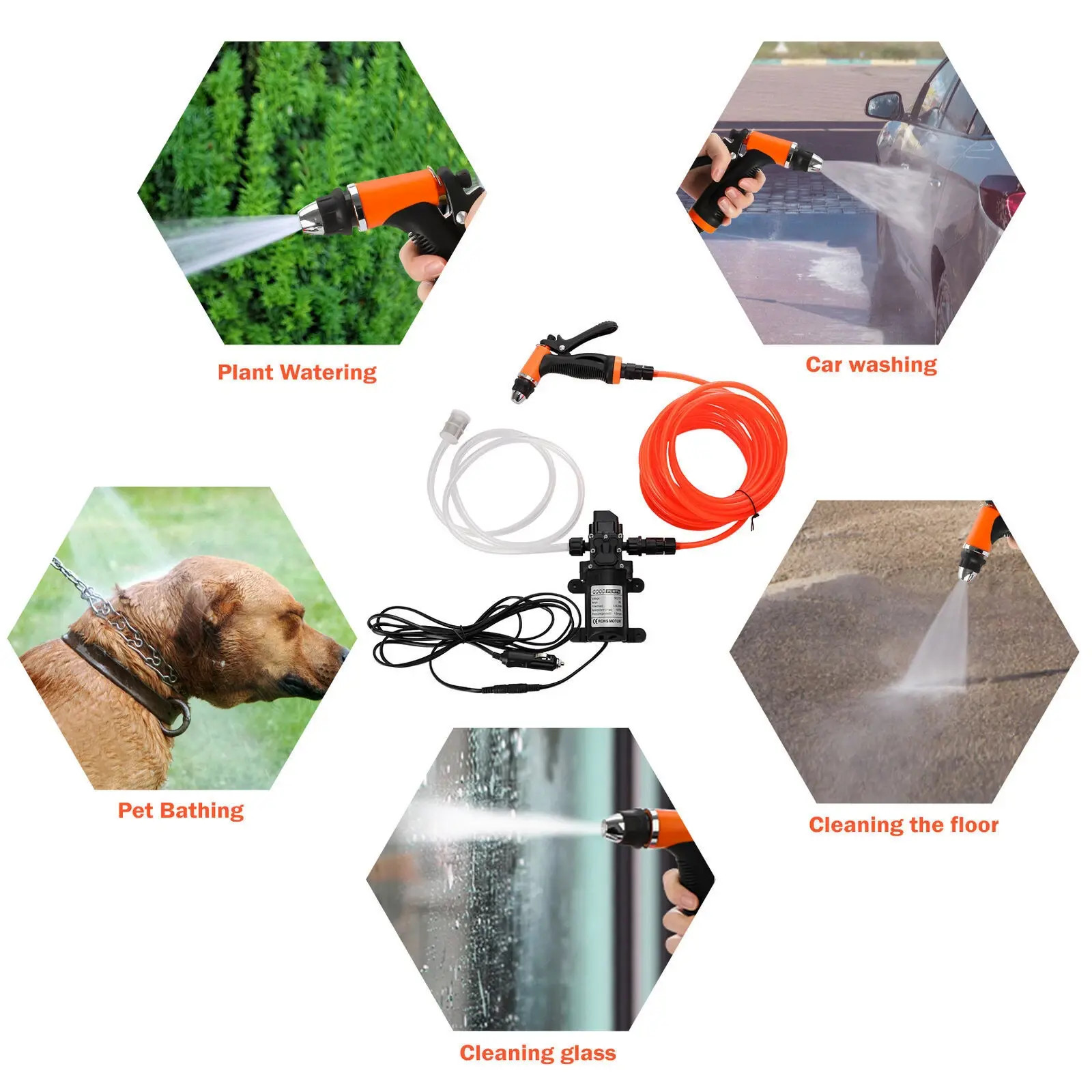 12V High Pressure Car Electric Washer Kit 130PSI Portable Self-Priming Wash Pump