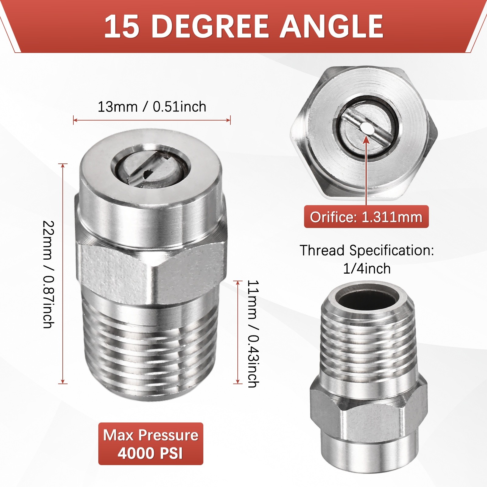 1/4″ NPT 15° Surface Cleaner Tip [2PCS] – Pressure Washer Nozzles [1.311MM Pore]